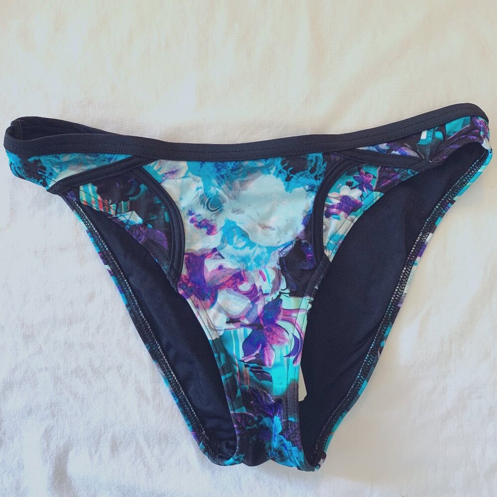 Freya Floral Bikini Bottom Black Blue Medium - New
